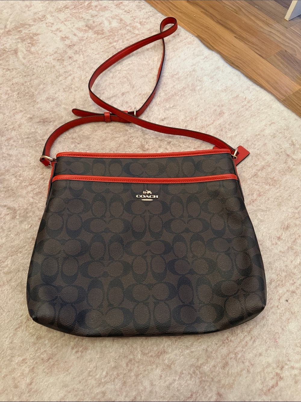 Coach Brown Signature Canvas Crossbody with Red Trim